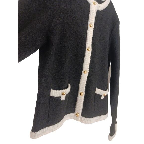 WOOL Cardigan Sweater Sz M BLACK White Gold Buttons Preppy Holiday Old Money Vtg - Picture 7 of 11